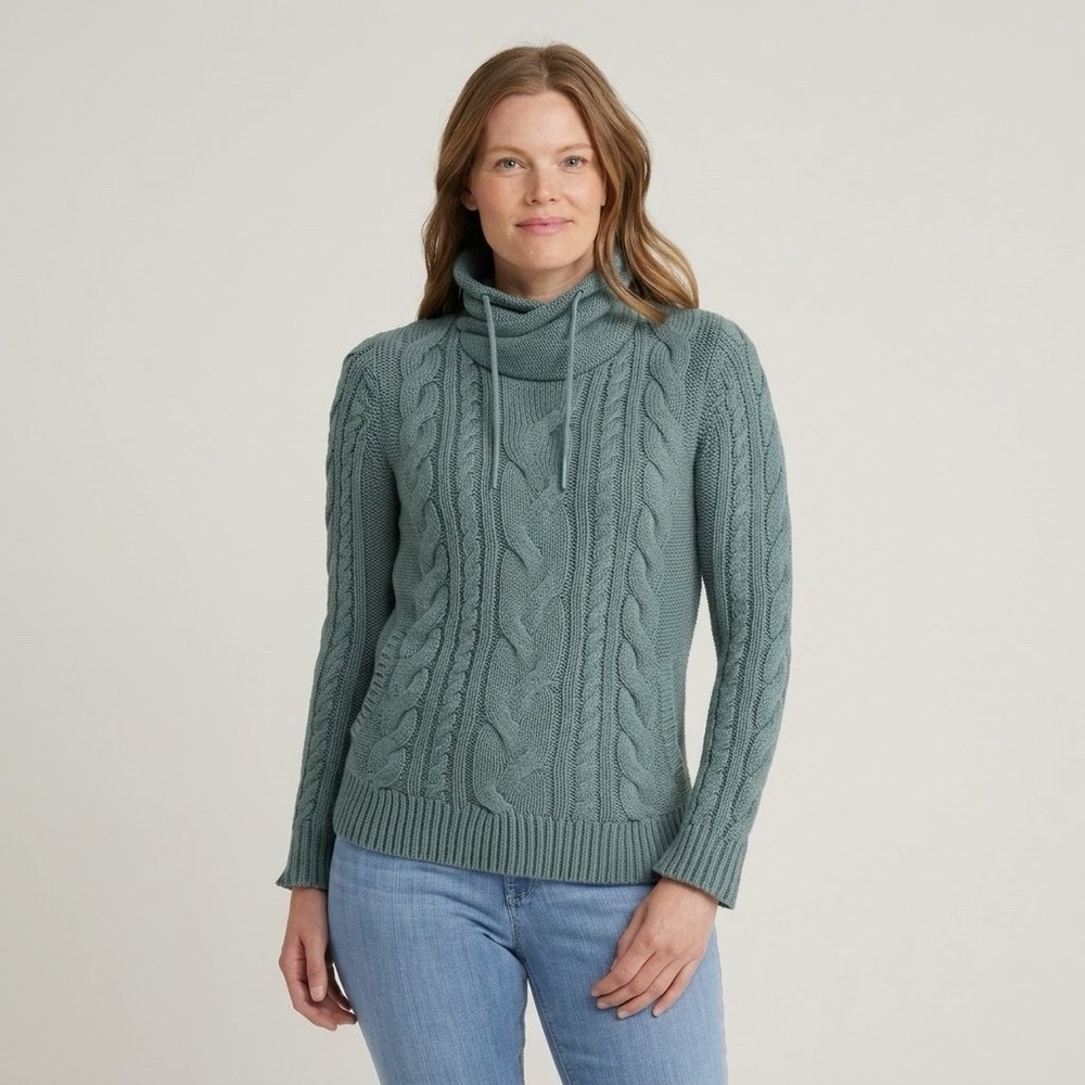 L.L. Bean Women's Double L Mixed Cable Sweater Funnelneck Chunky Front Pocket M